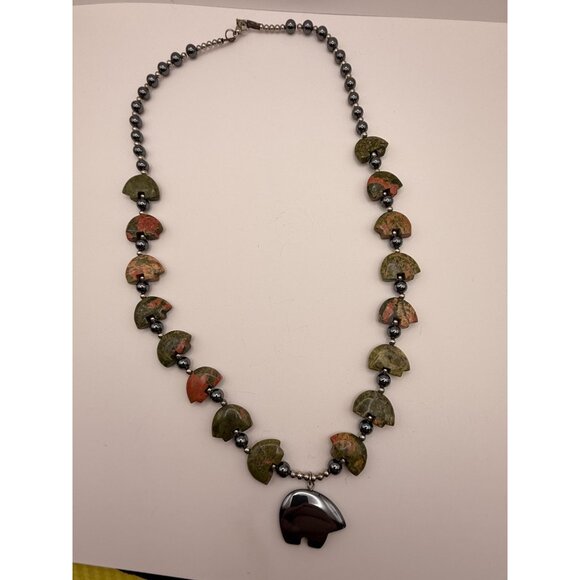 VTG Boho Unakite Stone Bear Pendant Necklace 24" Hematite Beads Southwestern Nat - Picture 8 of 10